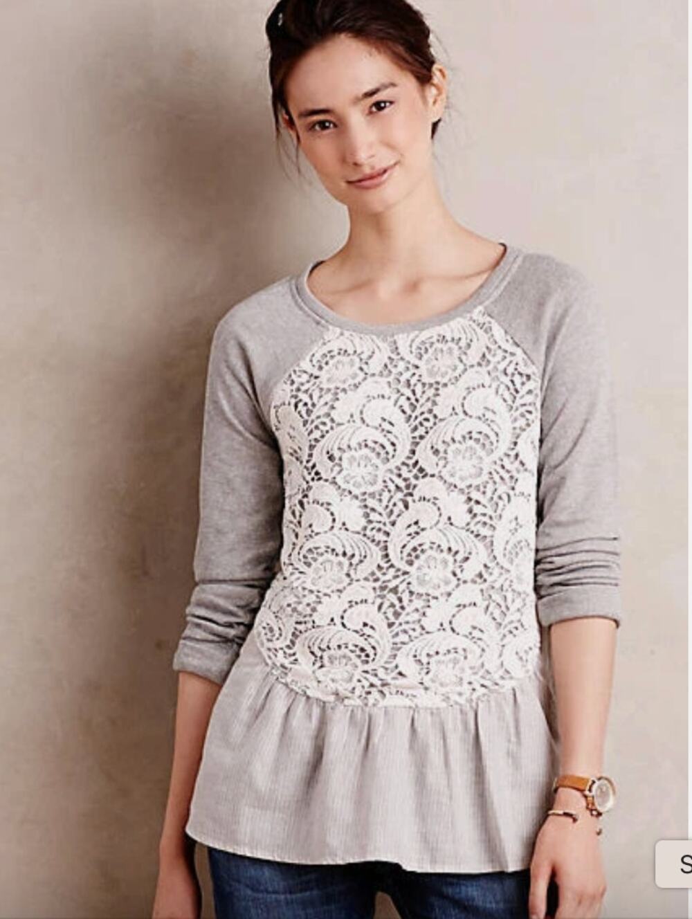 Anthropologie Sundays In Brooklyn Peplum Meja Lace Ruffle Layered Sweatshirt S